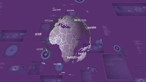 animation of globe, digital data processing over purple background