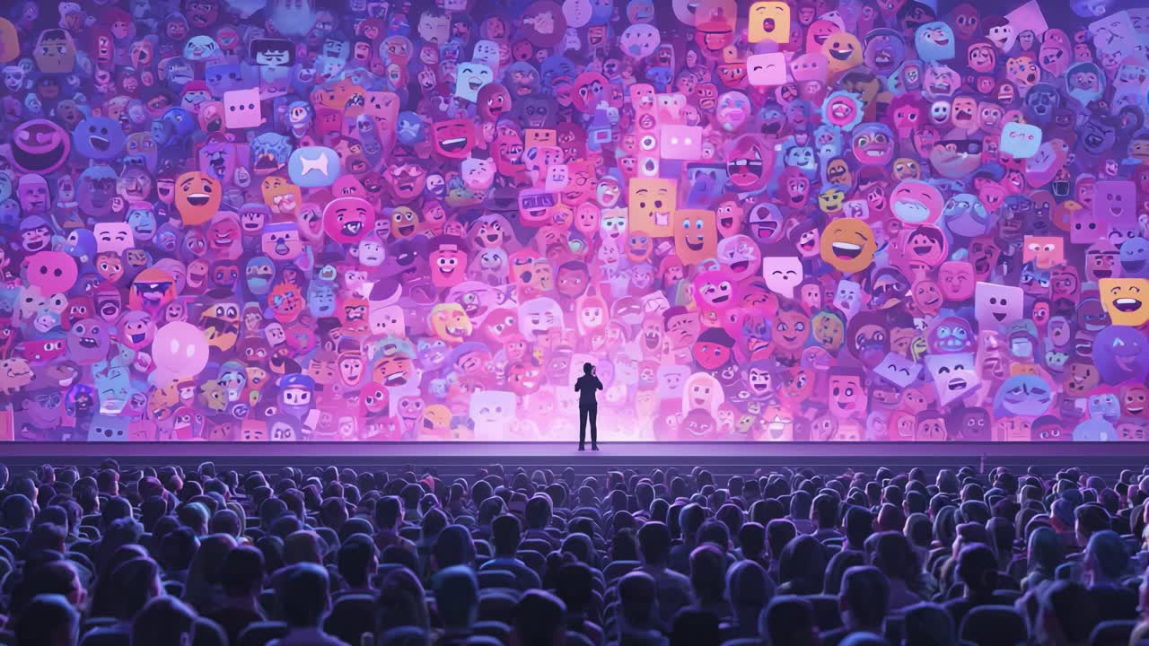 A captivating spectacle of colors and emotions unfolds on stage as a lone figure stands before an audience immersed in a vibrant display of expressive emojis, connecting the digital with the real in a stunning performance