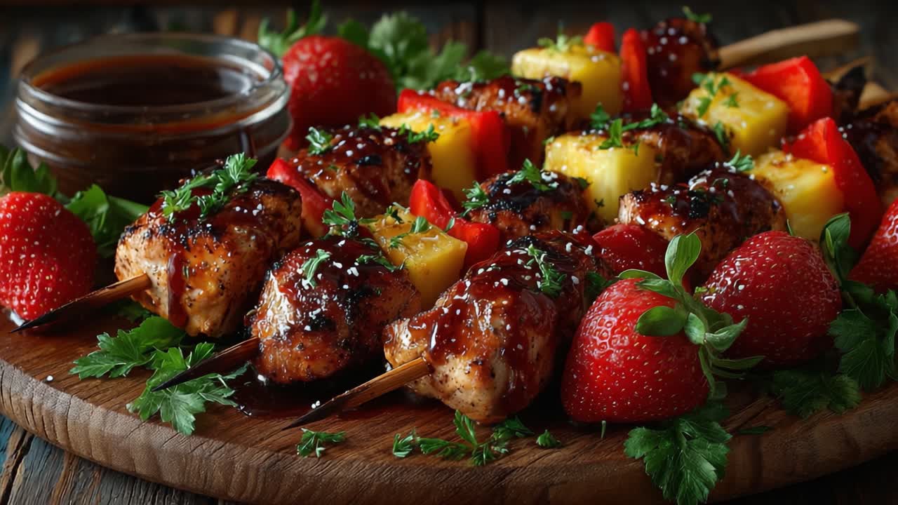 Deilige grillede kylling- og fruktspyd med en søt glasur, pyntet med friske urter og fargerike grønnsaker, perfekt for sommersammenkomster og grilling.