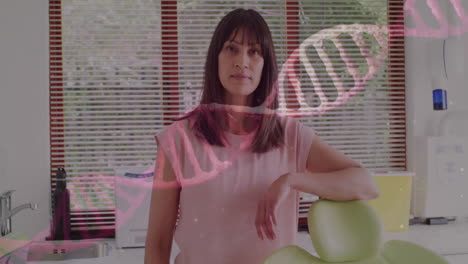 in office, woman standing with dna strand animation overlay, looking at screen