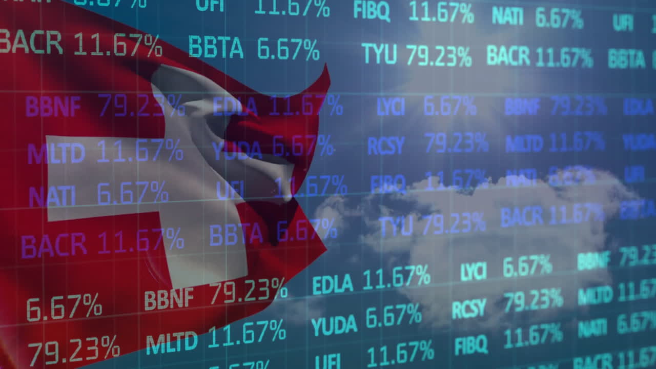 Swiss flag animation waving over digital stock market data with percentages