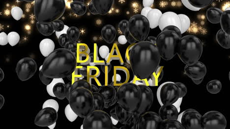 animación del texto del viernes negro y globos sobre estrellas brillantes sobre fondo negro