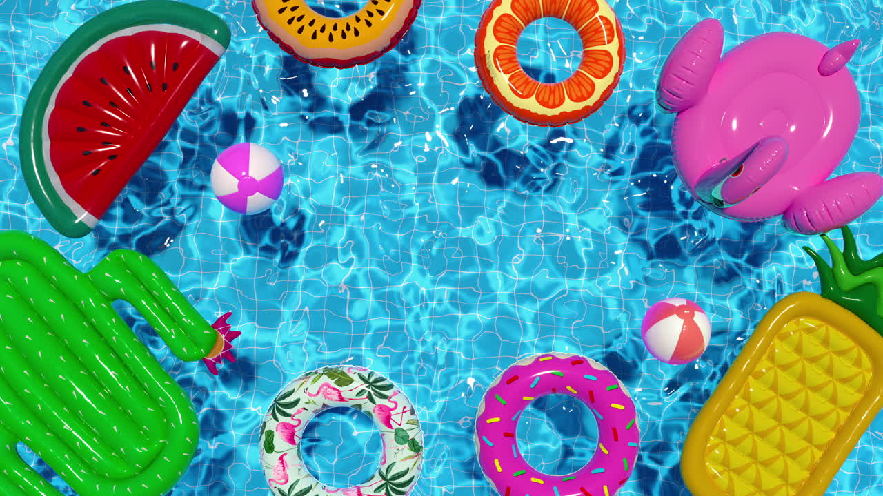 Loop inflatable circles ball mattress floating in the pool in summer top view