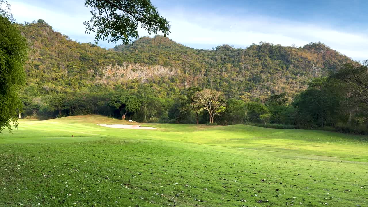 산을 배경으로 한 울창한 골프장
