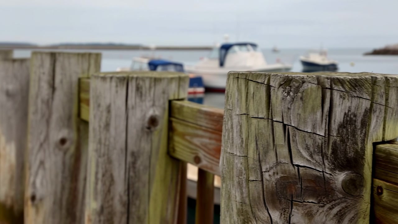 Nær havneudsigt viser vejrbidte kajpæle, rækværk og fortøjede både ved siden af roligt vand under overskyet lys, med revnet træ, mos, våd patina og bløde refleksioner, med kaj, pæl, rækværk