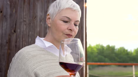 porträt einer älteren frau, die ein glas wein trinkt