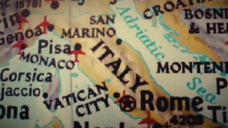 close-up of a map showing italy and surrounding regions