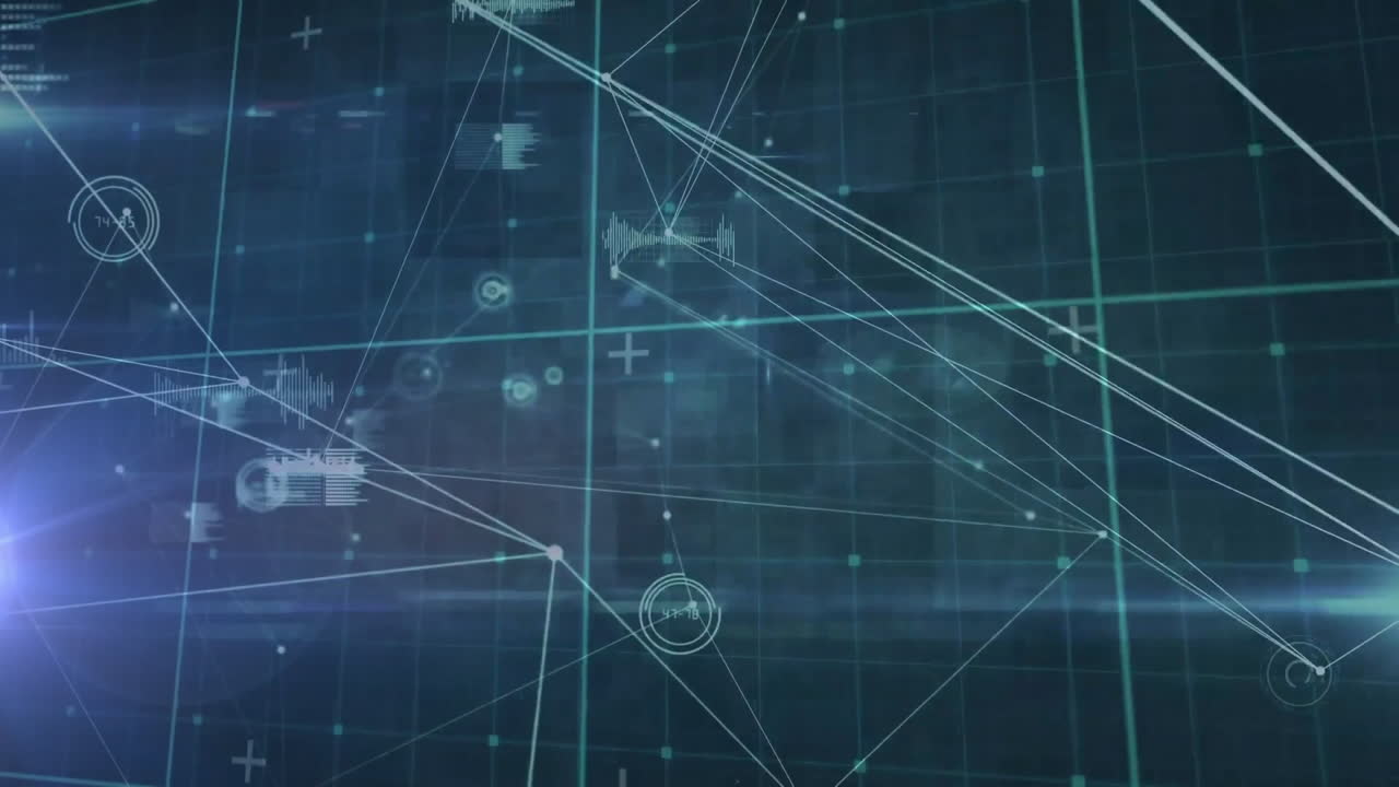 animación de la red de conexiones y procesamiento de datos sobre un fondo oscuro
