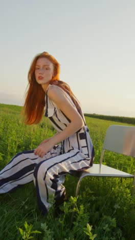 mujer en mono a rayas en un campo
