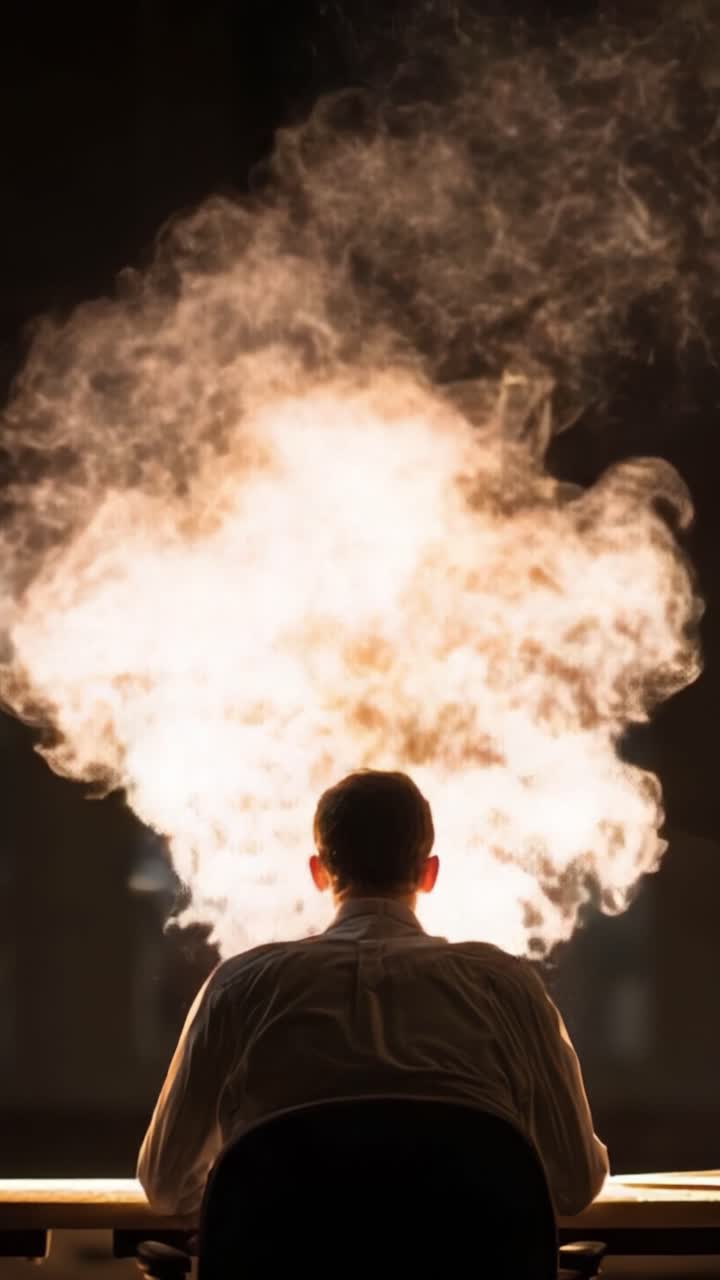 Uma Cena Dramática Retratando uma Pessoa Cercada por Fumaça Rodopiante, Sugerindo um Momento de Pensamento Intenso ou Criatividade Enquanto a Névoa Sobe Dramaticamente Acima de Sua Cabeça