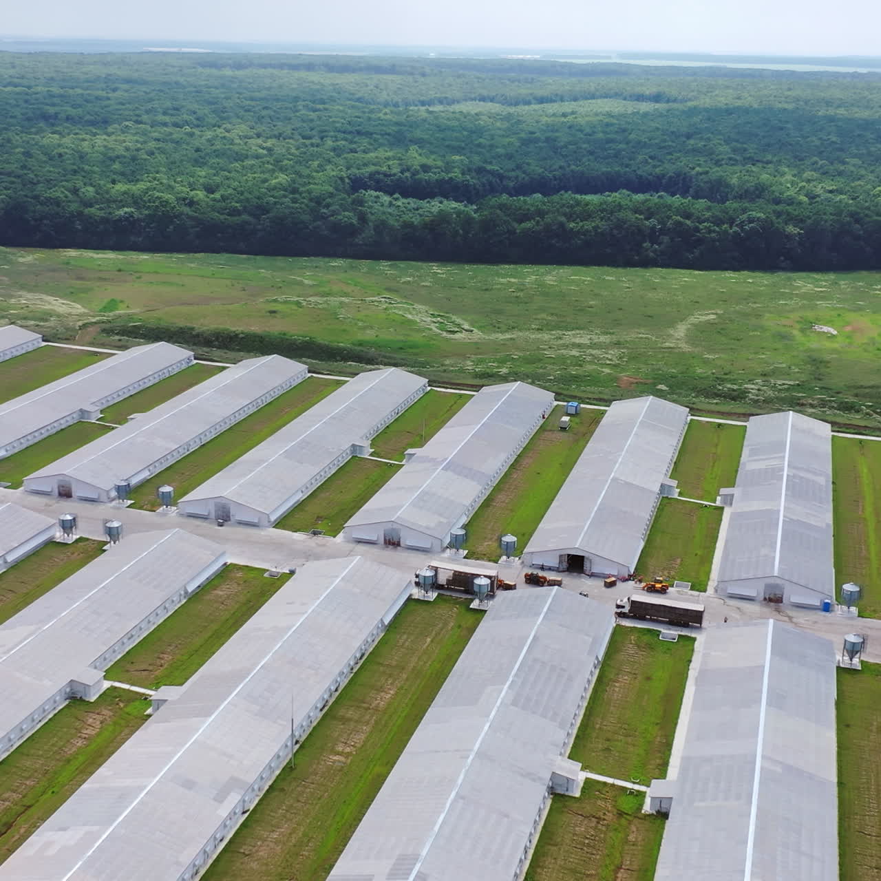 Aerial view on the roofs of modern agricultural buildings in the countryside. View from above on industrial complex in the natural green environment.