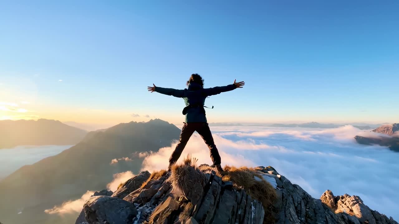 Vídeo em grande angular de uma pessoa abraçando o nascer do sol no topo de uma montanha, capturando vastas paisagens