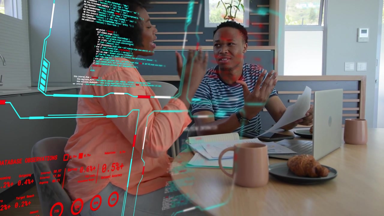 Man holding paperwork initiating finance review, woman leaning in, AR HUD highlighting laptop data