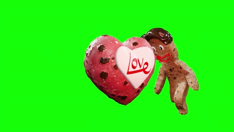 3d rendering motion looping of the gingerbread cookies man running chasing the heart-shaped cookie with text love, isolated on green screen background with luma matte section.