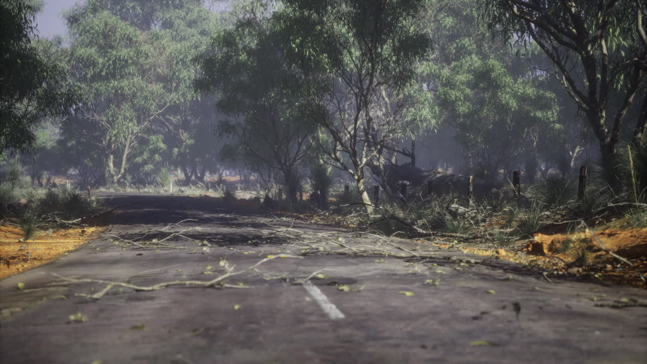 Fallen branches scattered across a deserted road in a dense forest area