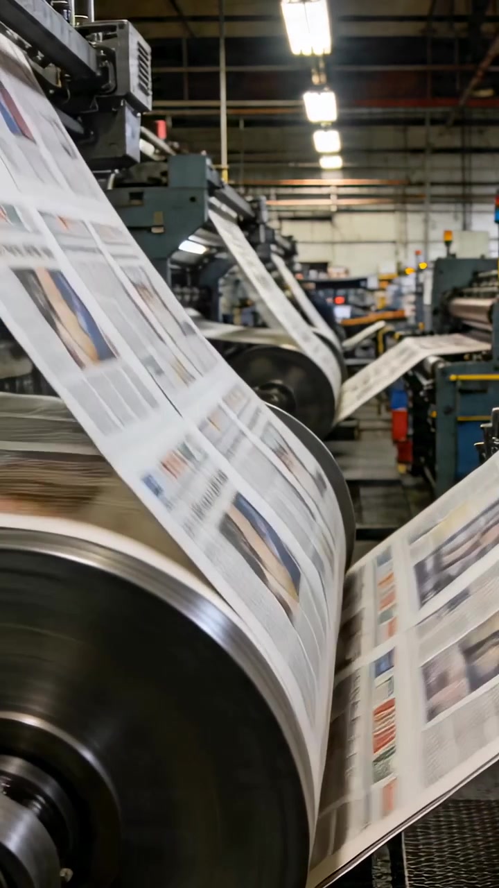 Vertical video: Motor driving roller feeding paper for newspapers in pressroom, operator monitoring