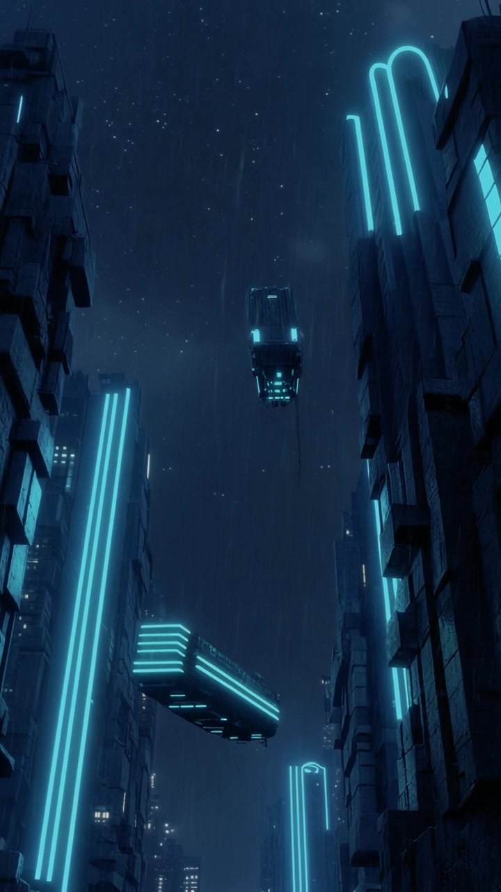 Veicoli volanti futuristici in una città cyberpunk piovosa di notte