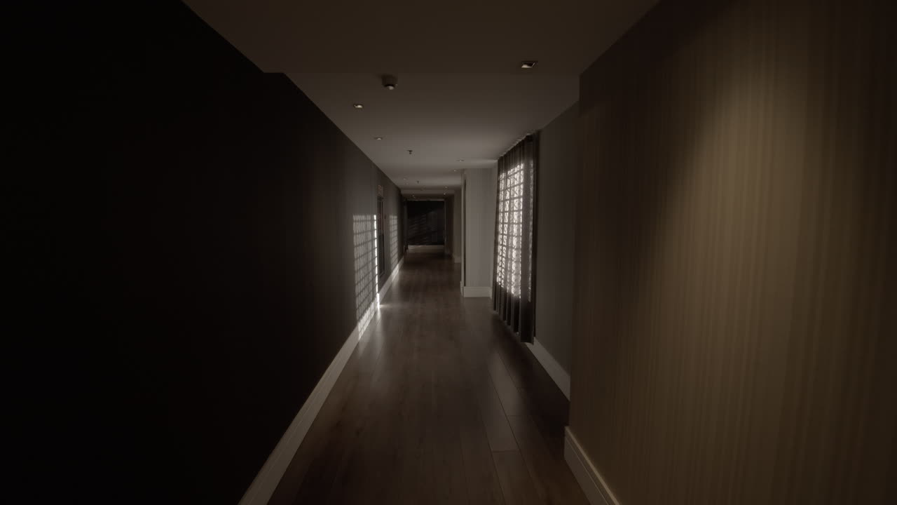 호텔의 빛이 비어 있는 홀을 따라 이동