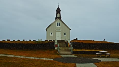 wide frontview of small picturesque church in iceland