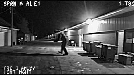 una cámara de seguridad nocturna captura una figura sombría hurgando en los contenedores de basura detrás de un edificio urbano, revelando una misteriosa investigación nocturna con imágenes en blanco y negro.