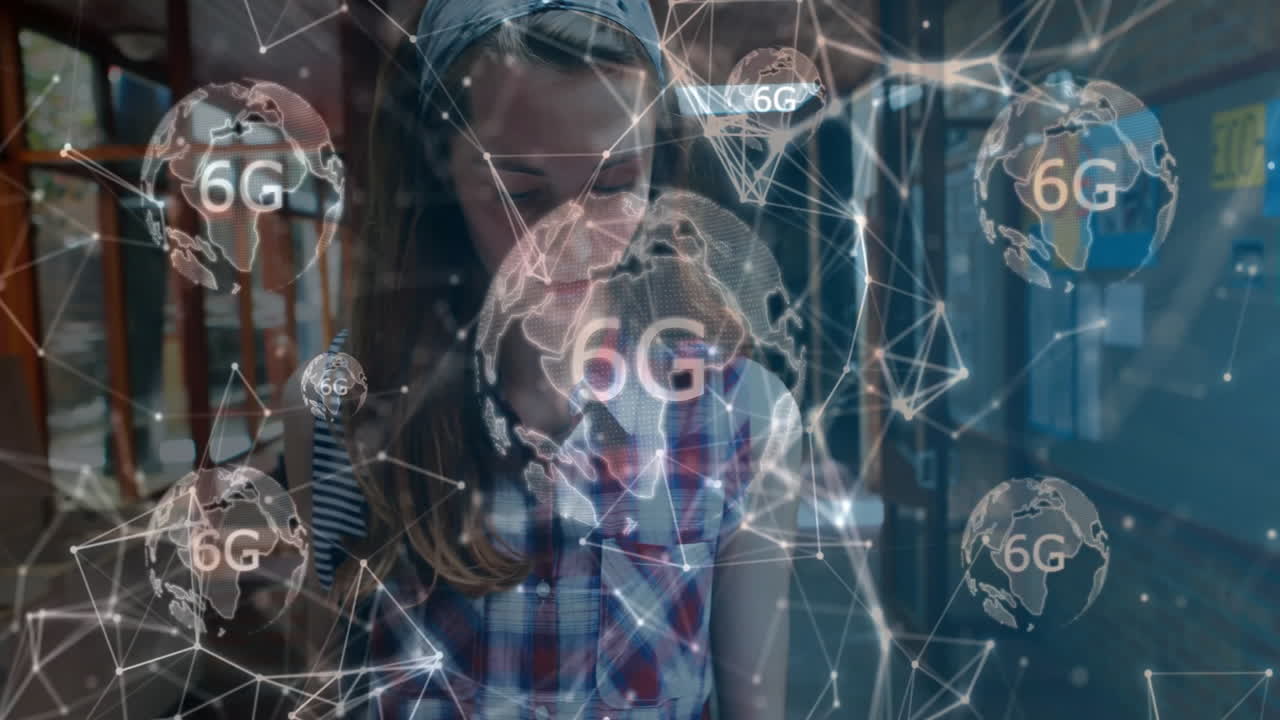 анимация сети соединений и глобусов с 6g над кавказской студенткой