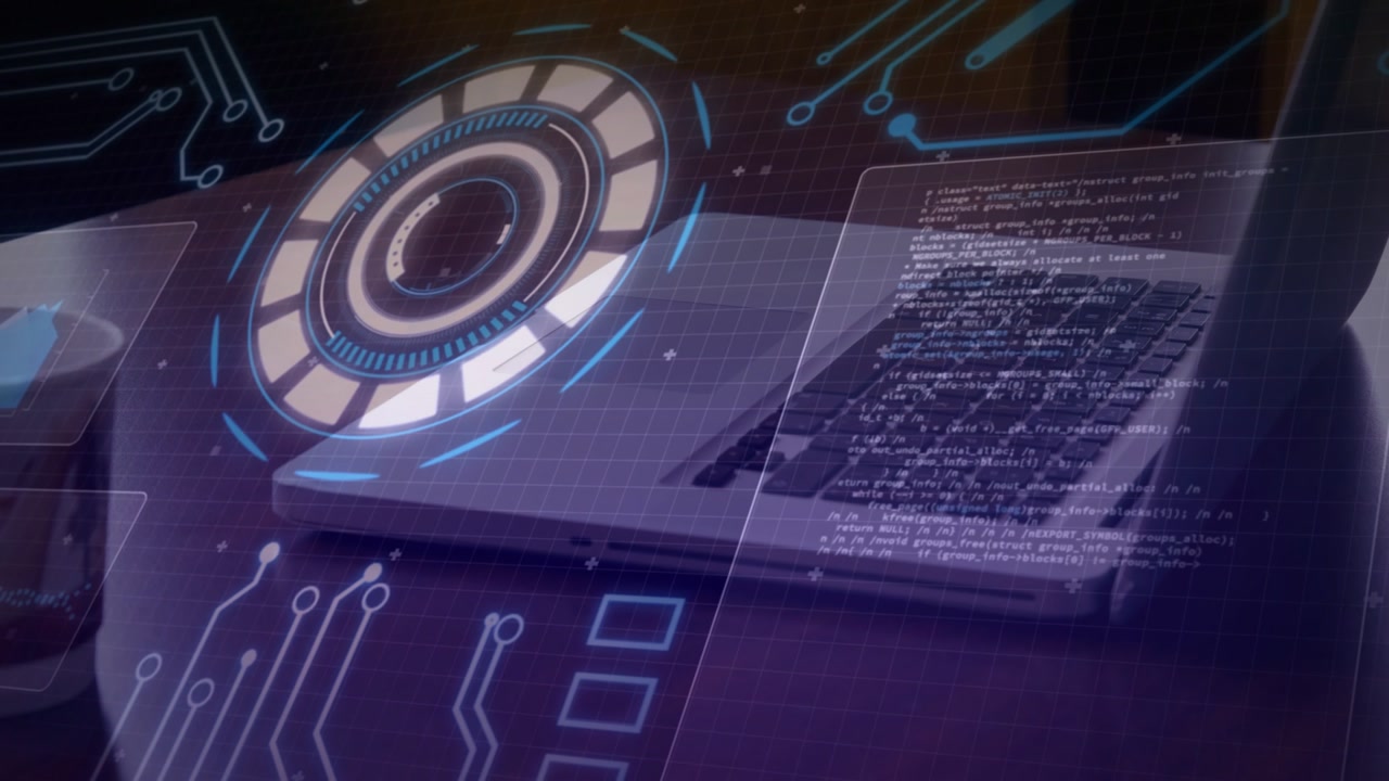 Silver laptop sitting on dark desk, on startup forming HUD, sliding code panels for technology demo