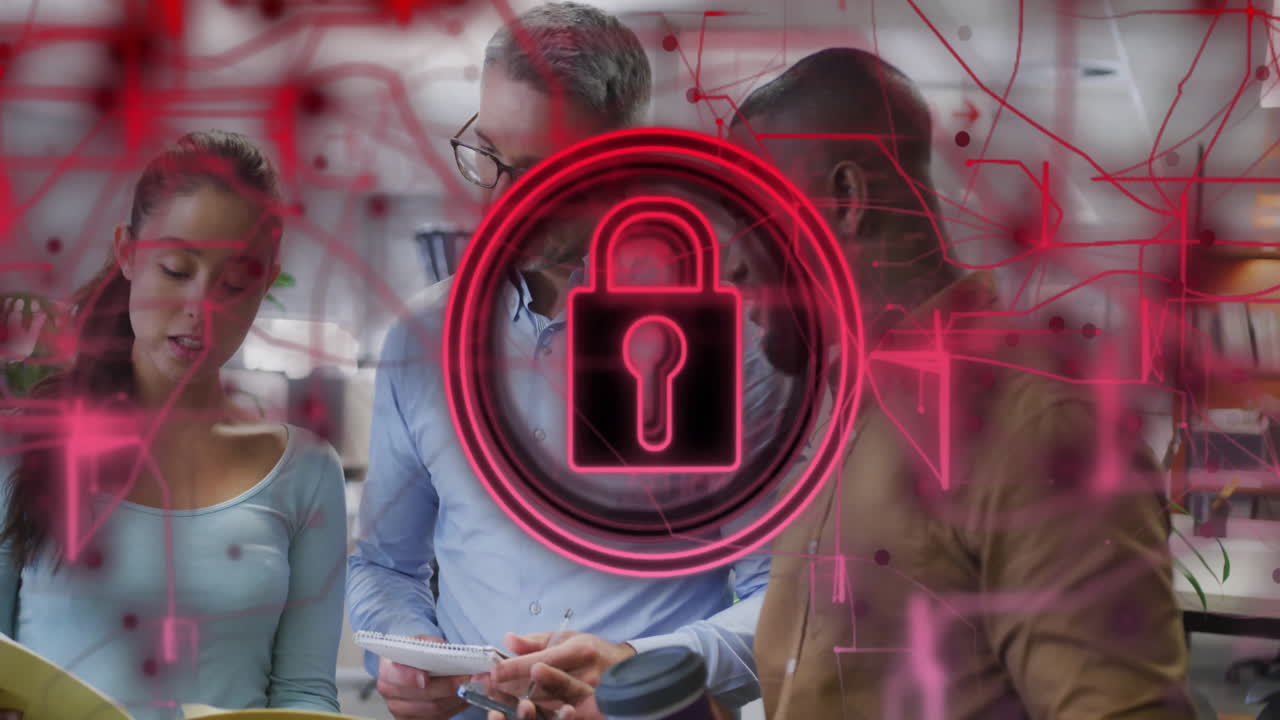 Diverse team discussing project with digital security lock animation overlay