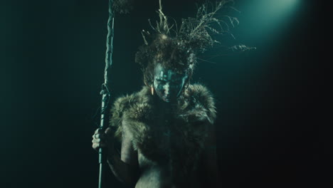 a creepy witch rises her head during the night storm