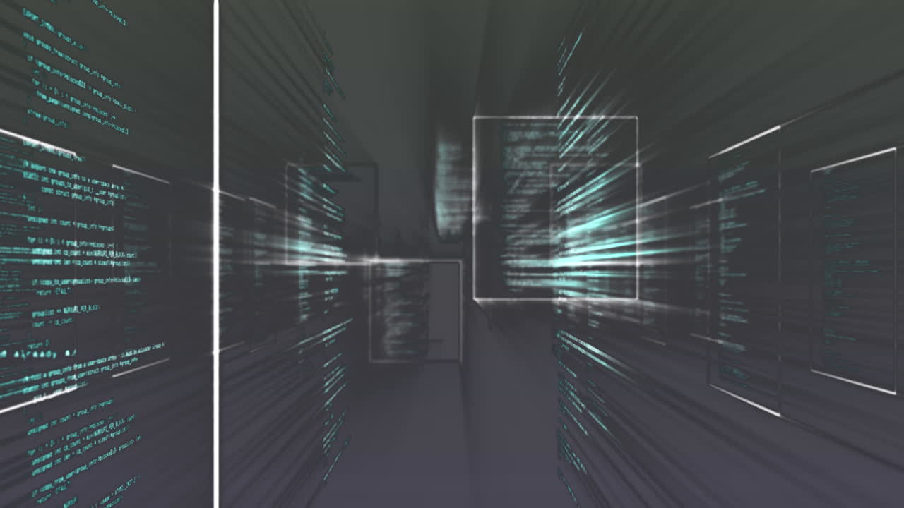 Animazione di elaborazione dati su schermo e computer su sfondo scuro