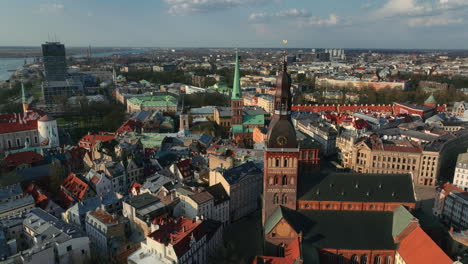 Aerial-shot-featuring-Riga's-dome-cathedral,-St