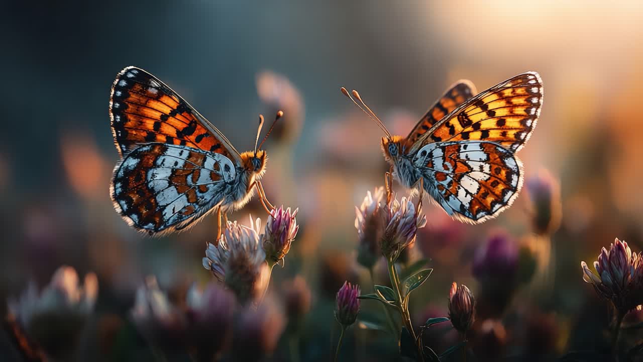 Two Stunning Butterflies Resting on Vibrant Flowers at Sunset, Showcasing Colors and Nature's Beauty in a Serene Garden Setting