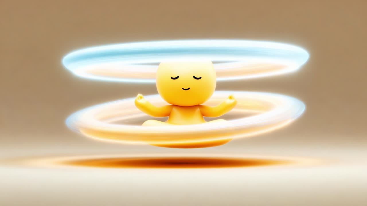 A tranquil animated figure meditating in a serene environment, surrounded by glowing rings of light that suggest movement and harmony, illustrating a moment of peace and mindfulness