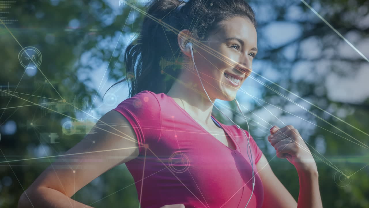 video generado digitalmente de líneas geométricas y mujer corriendo 4k