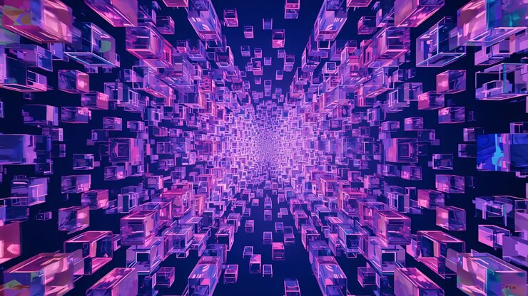 Playing camera moving through navy tunnel to vanishing point showing depth glass purple-pink cubes