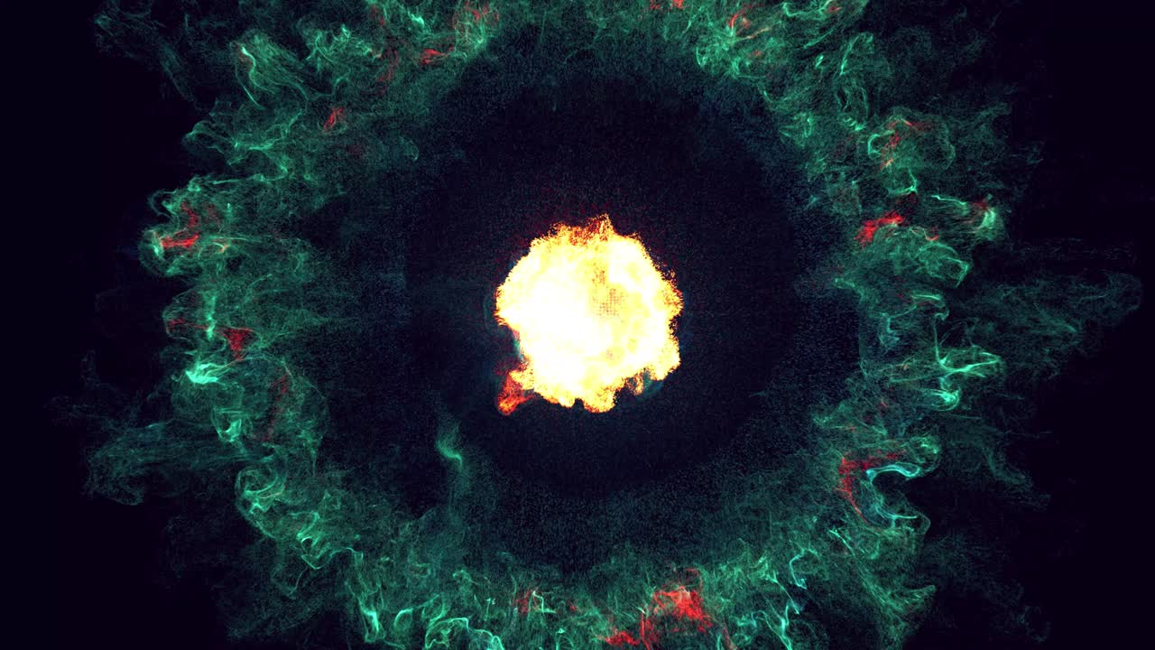 onda de choque. colorido hermoso bg con partículas mágicas lambent. partículas de brillo se extienden como efecto de tinta. luma mate como canal alfa. el emisor emite remolino de partículas de brilla que forman la estructura de la nube de tinta.