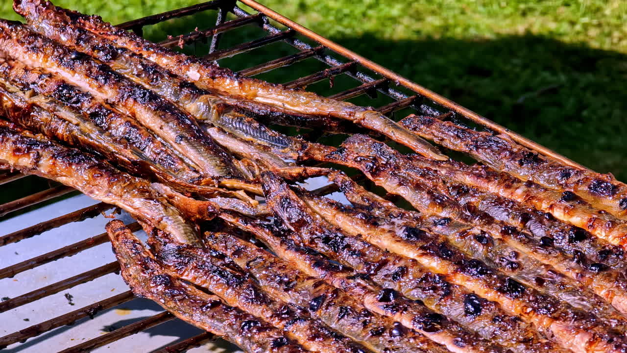 Grilled lampreys sizzling on an outdoor BBQ with green grass in the background