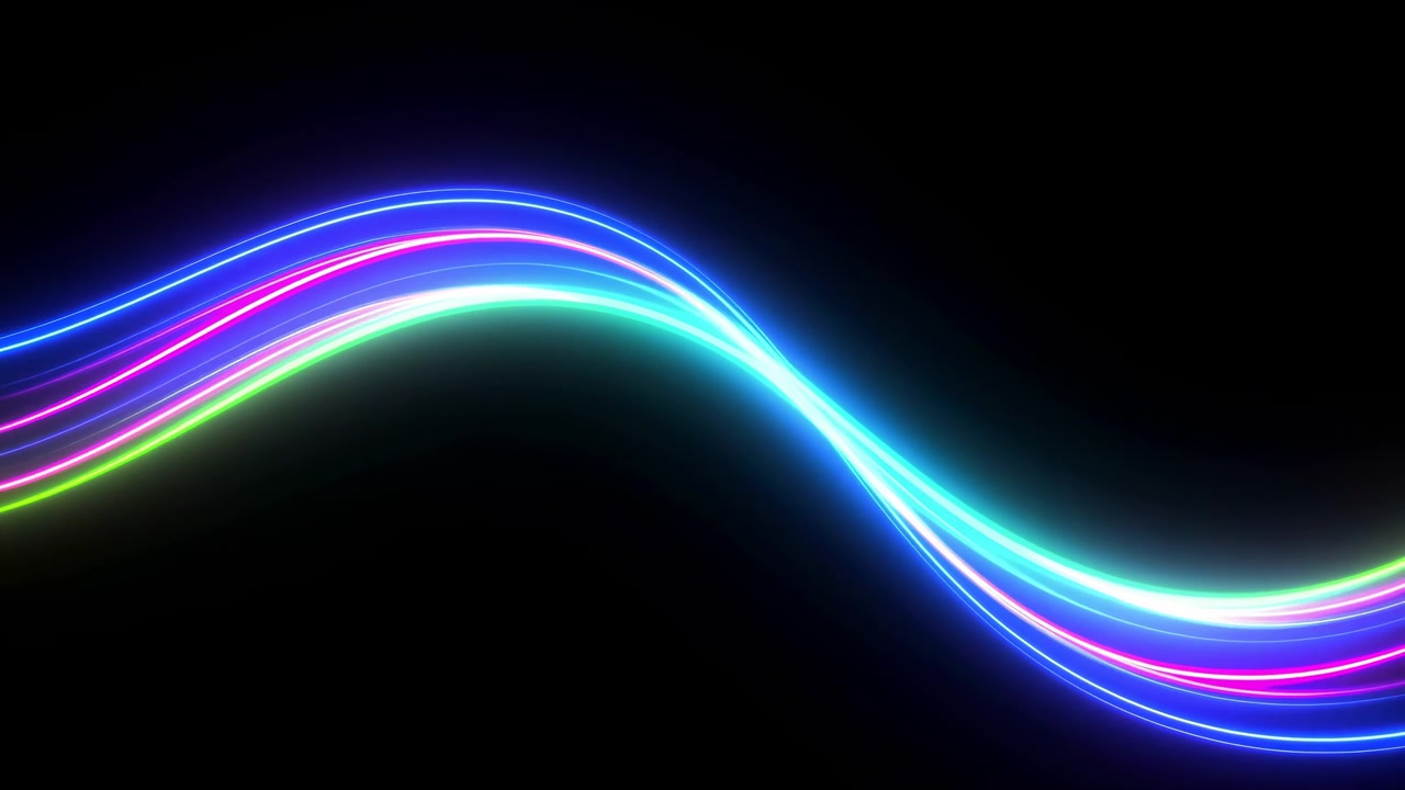 Nastri neon stratificati formano una morbida curva a S attraverso uno spazio vuoto e scuro, che brillano in ciano, magenta, blu elettrico, verde acqua e verde con riflessi luminosi, un alone morbido e un'energia astratta vivida ad alto contrasto.