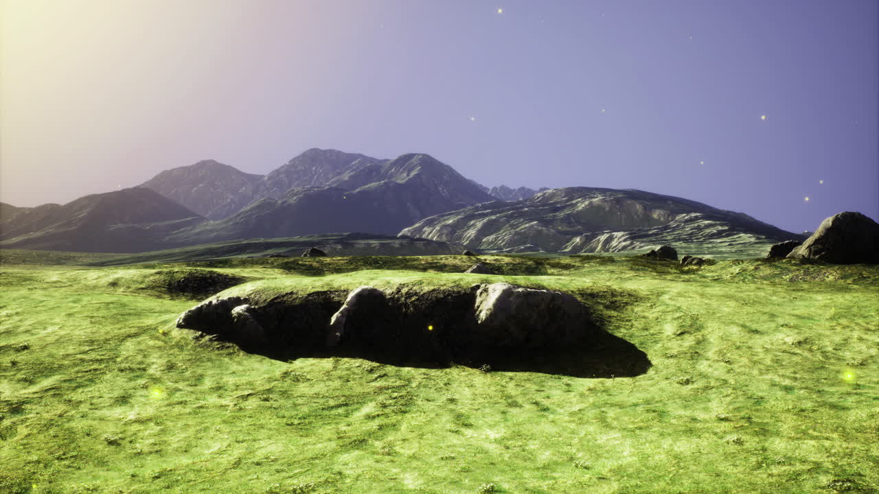 Mystical mountains and glowing terrain in an enchanted twilight