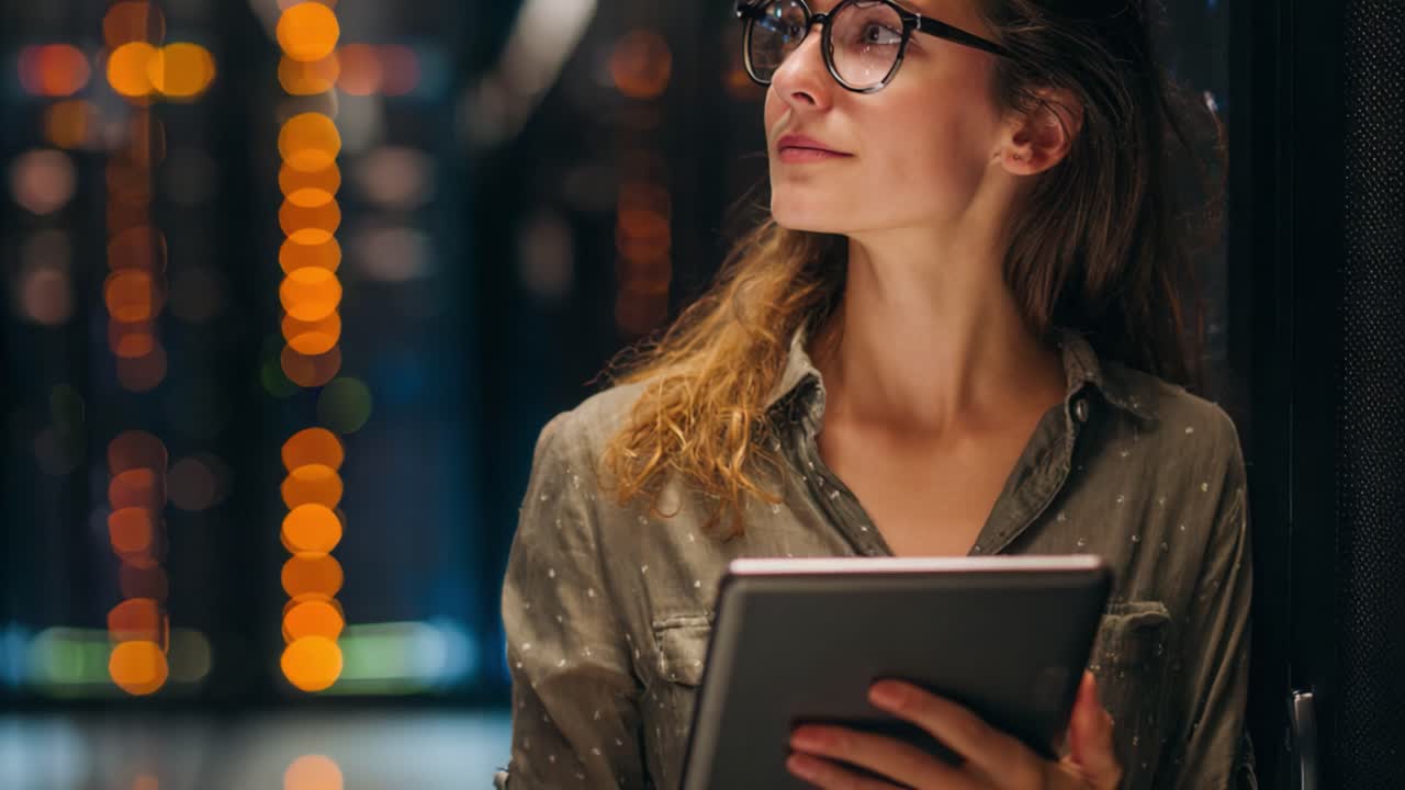 Una professionista concentrata con gli occhiali si trova in una sala server ad alta tecnologia, osservando attentamente il suo tablet mentre le luci brillanti dei server illuminano lo sfondo