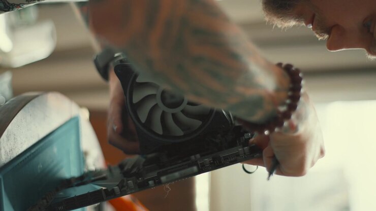 Tattooed technician cleaning a dusty motherboard