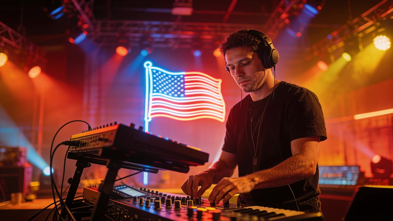 DJ reagerer på lyssignal, mixer med mixer og tangenter på scenen, med hovedtelefoner, sort T-shirt, neonflag.