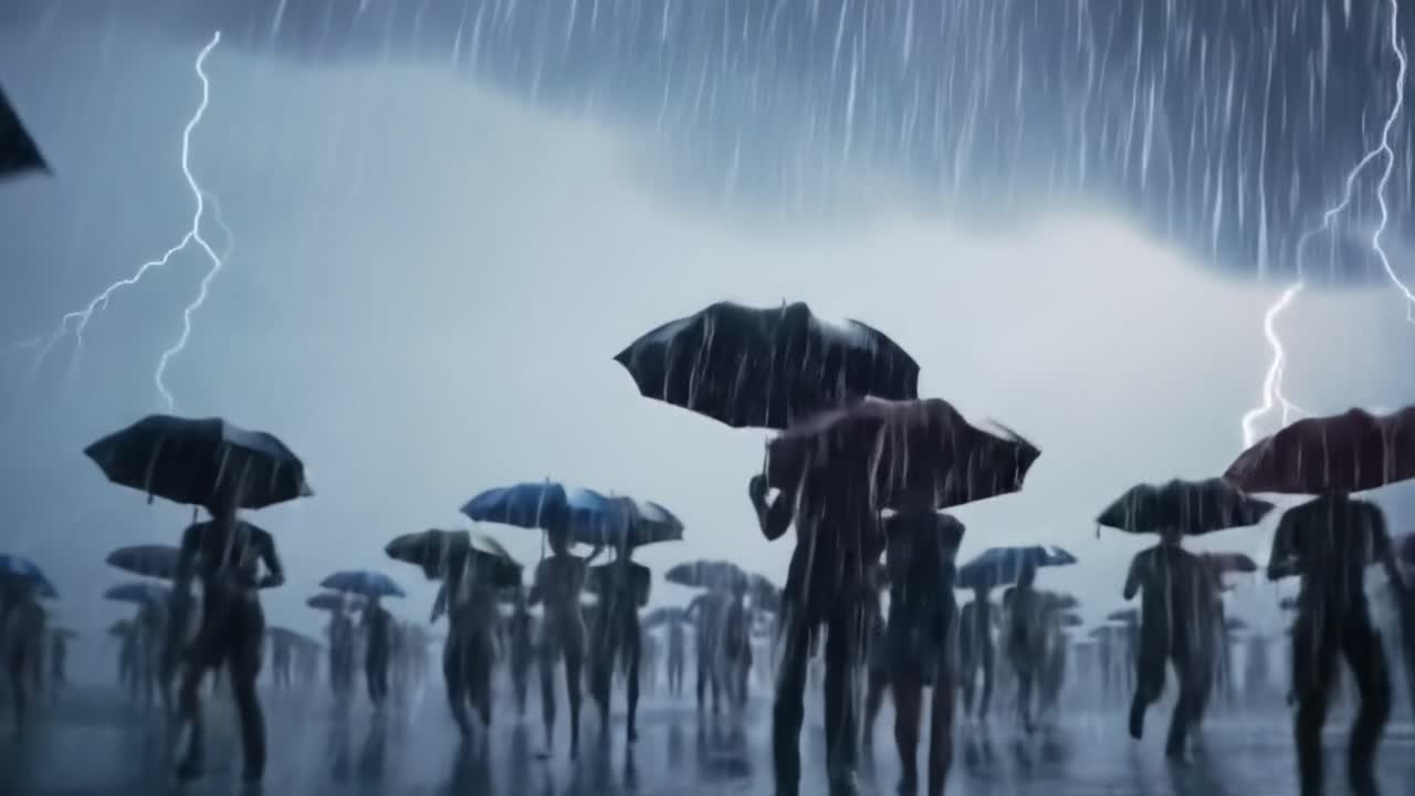 A Chaotic Rainstorm: People Journeying with Umbrellas Amidst Intense Lightning and Heavy Rain, Capturing the Struggle Against the Elements in an Urban Landscape