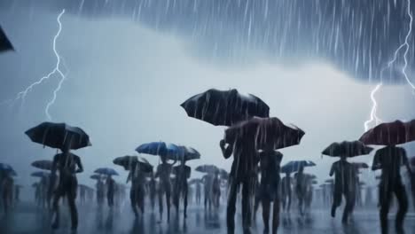 a chaotic rainstorm: people journeying with umbrellas amidst intense lightning and heavy rain, capturing the struggle against the elements in an urban landscape