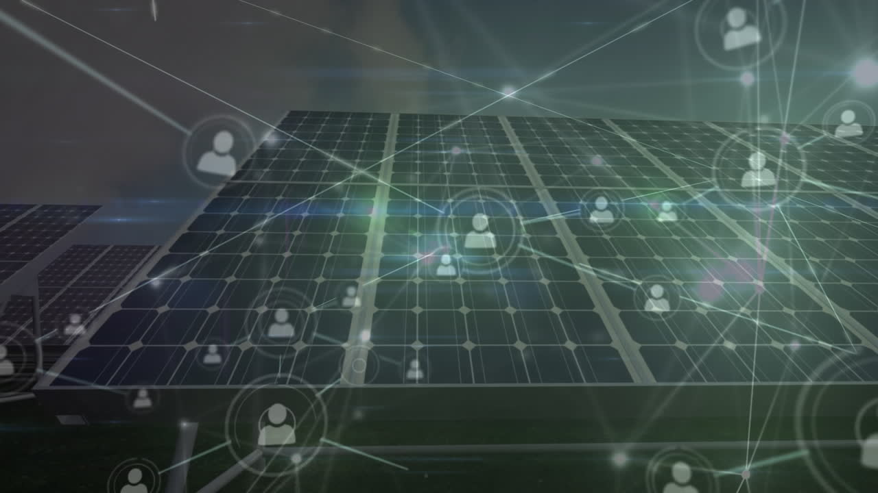 Animation of profile icons connected with lines over solar panels in background