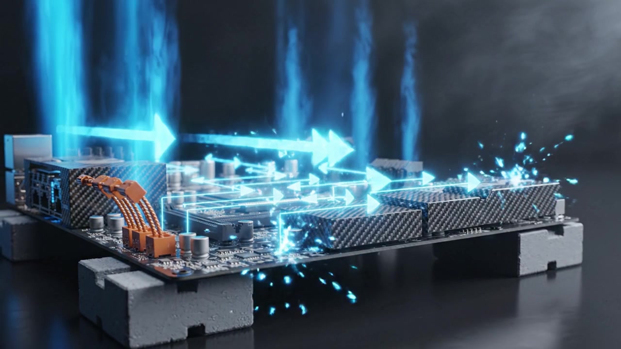 Innovative Motherboard Design with Dynamic Thermal Management and Visual Effects, Showcasing State-of-the-Art Circuitry and High-Performance Components.
