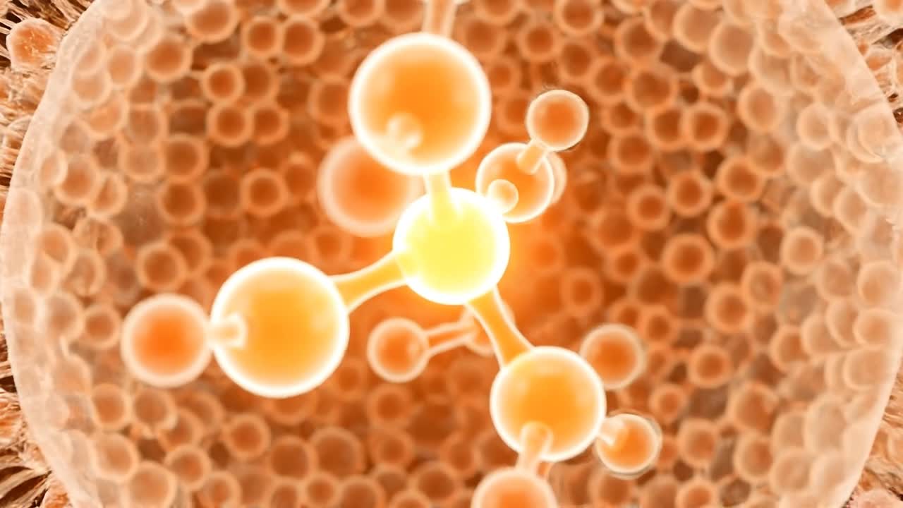 Gros plan sur une structure de membrane cellulaire sphérique avec des particules moléculaires dans une animation scientifique détaillée de biologie