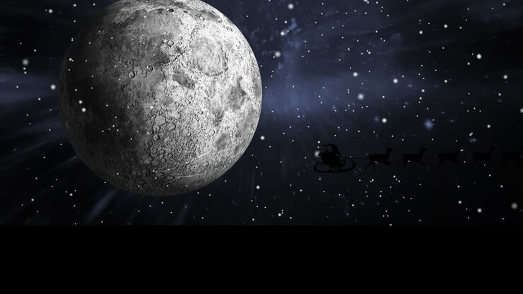 Animação do Papai Noel em trenó com renas passando sobre lua e estrelas