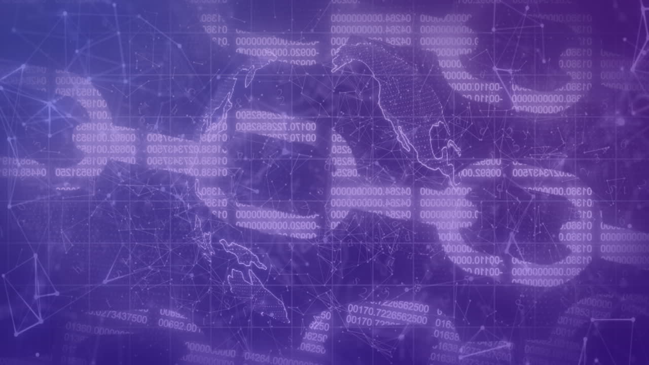 Animation of computer data processing over globe and chains