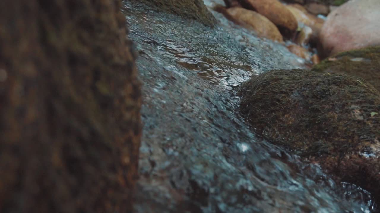 슬로우 모션으로 아름다운 곳에서 바위로 가득 찬 작은 강, 매우 상세한