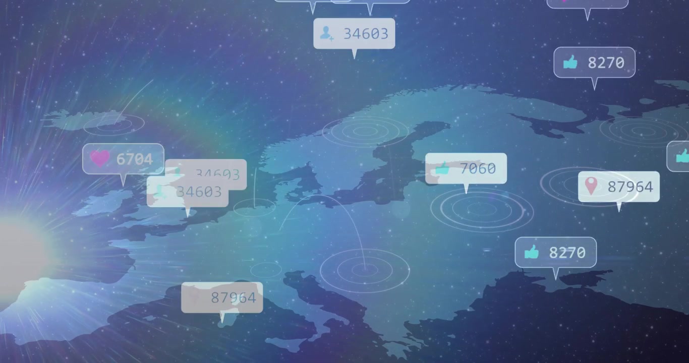星空のインターフェースに表示される、浮かぶソーシャルアイコンと吹き出し付きの様式化されたヨーロッパ地図